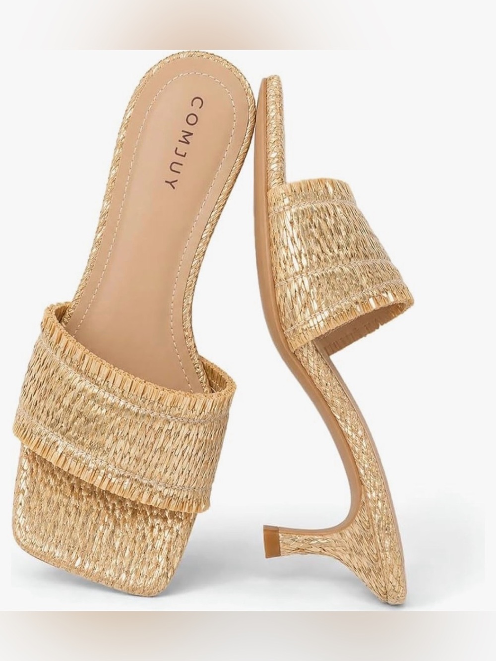 Comfortiva Metallic Raffia Square-Toe Slide Mules in Gold